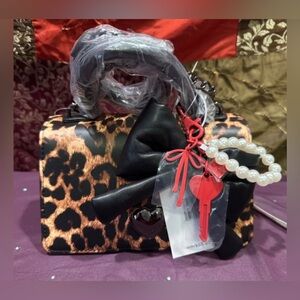 Betsey Johnson Leopard Print Handbag with Black Bow and Red Accent Charms Key❤️